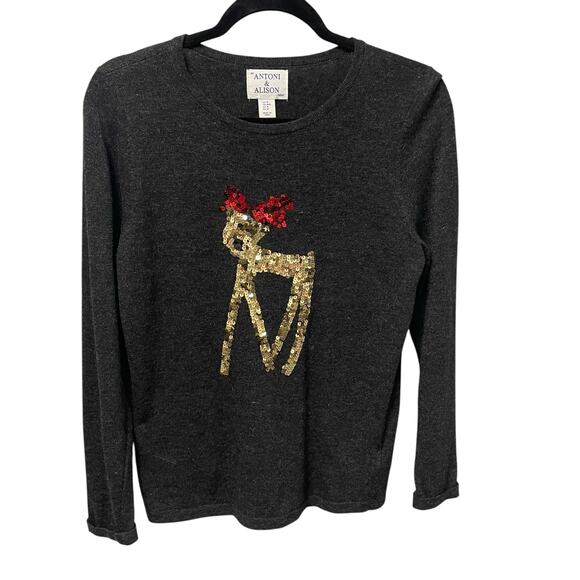 Antoni & Alison Cashmere Lambswool Blend Sequin Reindeer Holiday Sweater Medium - Picture 1 of 5